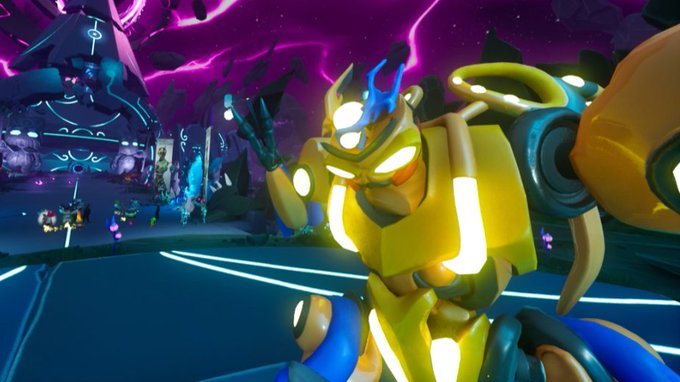 A vibrant video game scene showing a glowing yellow robotic or armored character with horns, set against a purple stormy sky.