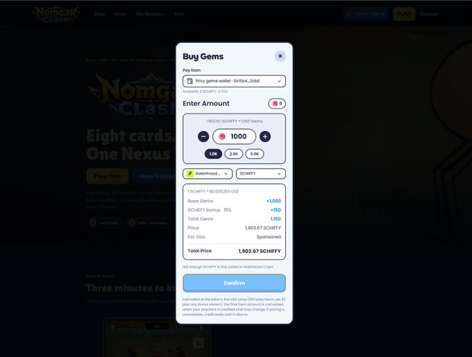 A screenshot of a 'Buy Gems' pop-up window on the Nomgang Clash website, showing a transaction for 1000 gems priced at 1,903.67 SCHIFFY using a Robinhood wallet.