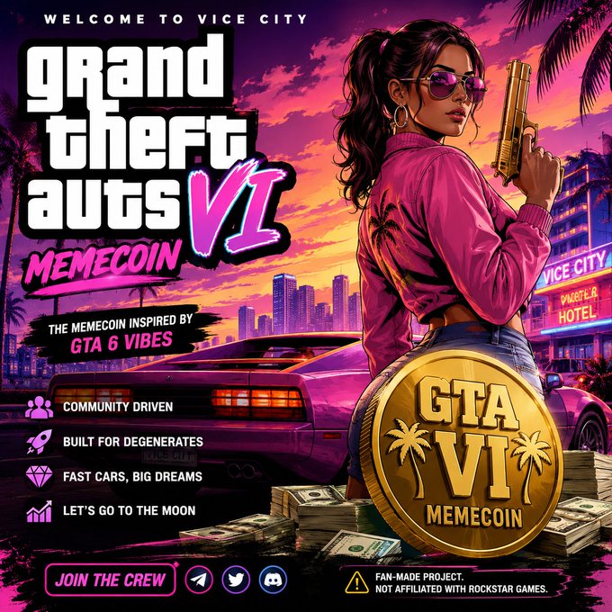 A promotional graphic for 'Grand Theft Auto VI MEMECOIN' featuring a stylized illustration of a woman in sunglasses with a gun, set against a neon Vice City sunset background.