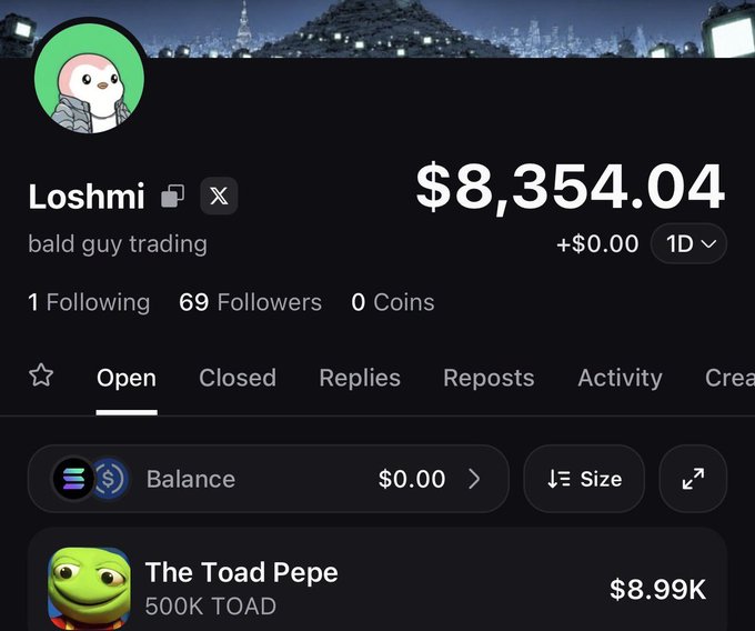 A screenshot of a Polymarket profile for user "Loshmi" (@bald guy trading) showing a $8,354.04 portfolio, displaying an open position in "The Toad Pepe" (500K TOAD) worth $8.99K, which appears to be the $TOAD token airdrop referenced in the post.