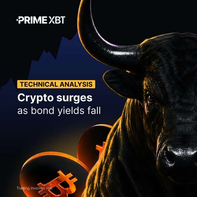 A PrimeXBT promotional graphic featuring a bull symbol with the text 'TECHNICAL ANALYSIS: Crypto surges as bond yields fall' and a Bitcoin logo.