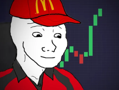 A Wojak meme figure wearing a red McDonald's cap and uniform stands in front of a candlestick chart showing an upward price trend, referencing "gm ETH hodlers" by using the "McDonald's employee Wojak" template to humorously compare ETH holders to underpaid fast food workers enduring the volatile crypto market.