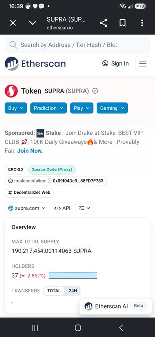 Mobile screenshot of Etherscan showing the token page for 'SUPRA (SUPRA)' on etherscan.io, displaying a max total supply of approximately 190.21 billion, 37 holders, and buttons for Buy, Prediction, Play, and Gaming.