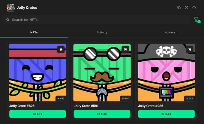 An NFT marketplace page for 'Jolly Crates' showing three cartoon crate characters priced at 5.9, 5.9, and 6.0 of a token, with tabs for NFTs, Activity, and Holders.