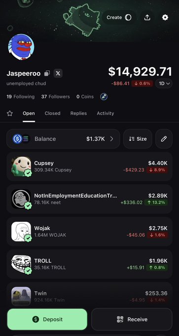 A mobile portfolio screen shows the user "Jaspeeroo" with a balance of $14,929.71, including holdings in tokens like Cupsey ($4.40K), NotInEmploymentEducationTr... ($2.89K), Wojak ($2.75K), TROLL ($1.96K), and Twin ($253.36), aligning with the post about continuing to accumulate meme coin positions through dollar-cost averaging.