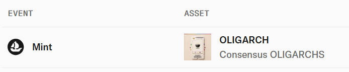 An event asset listing shows “Mint” beside an “OLIGARCH” entry labeled “Consensus OLIGARCHS,” with a small card image.