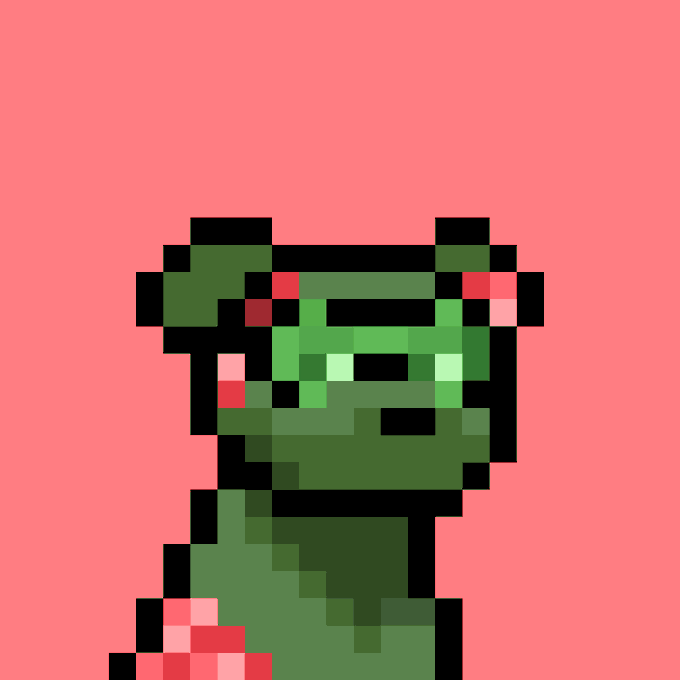 A pixel art illustration of a green frog-like character wearing red devil horns on a coral-pink background.