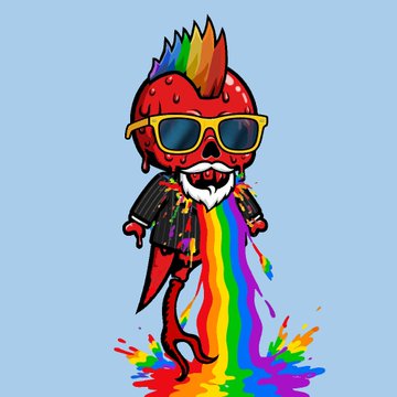 A cartoon illustration of a strawberry-headed character with a rainbow mohawk, wearing sunglasses and a leather jacket, vomiting a rainbow.