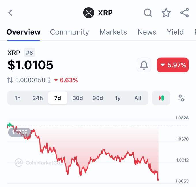 The image shows a CoinMarketCap overview page for XRP, ranked #6, currently priced at $1.0105—down 5.97% on the 7-day chart, with the price hovering precariously just above the critical $1.00 support level referenced in the post.