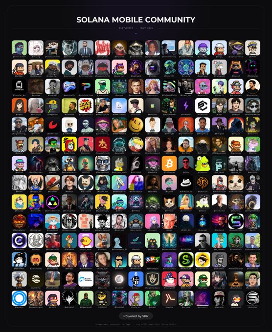 A 'Solana Mobile Community' page displaying a grid of 200 user avatar tiles, showing statistics of 200 voters and July 2026.