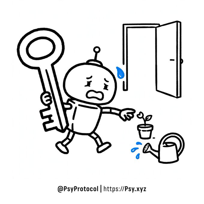 A black and white cartoon drawing of a sad robot holding a large key points at a wilting plant next to a watering can, with @PsyProtocol branding at the bottom.