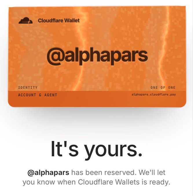 A digital card from Cloudflare Wallet for the account "@alphapars" with the text "It's yours. @alphapars has been reserved. We'll let you know when Cloudflare Wallets is ready."