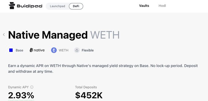 The image shows a screenshot of the native managed WETH page from the Buidlpad platform, which displays its current state with information about account balances and changes. The post has been edited with a caption that reads "@buidlpad ... WETH", indicating it has been made by @Buidlpad.