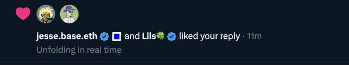 A notification indicating that users "jesse.base.eth" and "Lils" liked a reply, with the message "Unfolding in real time" beneath it.