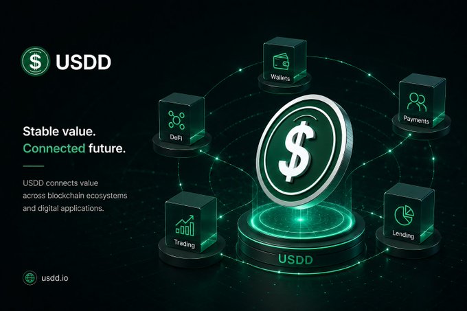 A promotional graphic for the 'USDD' cryptocurrency with the tagline 'Stable value. Connected future,' showing its integration across DeFi, wallets, payments, trading, and lending.