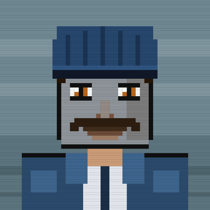 A pixel art/Minecraft-style avatar of a character with a blue cap, mustache, blue jacket, and white shirt against a gray background.