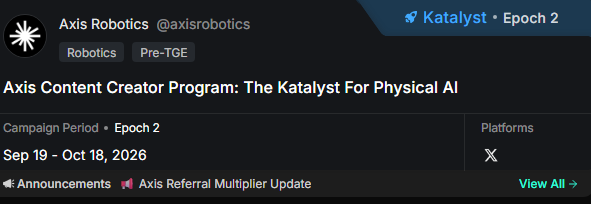 A Twitter/X post header from 'Axis Robotics' (@axisrobotics) promoting the 'Axis Content Creator Program: The Katalyst For Physical AI,' tagged Robotics and Pre-TGE.