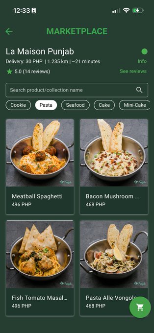 A mobile app screenshot of a food delivery marketplace showing 'La Maison Punjab' with a 5.0 rating and menu items including 'Meatball Spaghetti' and 'Bacon Mushroom' priced in PHP.