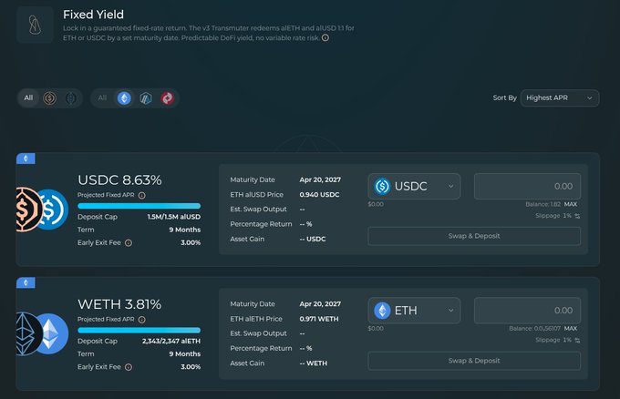 A 'Fixed Yield' crypto platform interface showing two investment options: USDC at 8.63% APR and WETH at 3.81% APR, both with maturity dates of April 20, 2027.