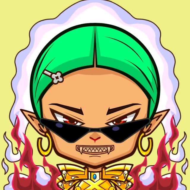 A chibi-style warrior with pointed ears, green hair, and gold hoop earrings glares through black triangular sunglasses with a sharp-toothed grin, framed by flames on either side. The image complements the post's message about hidden danger, showing a fierce yet stylish NFT character whose intensity behind the shades conveys a silent threat.