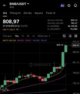 A Binance app screenshot showing the BNB/USDT trading chart with a price of 808.97 USDT, up 3.41%, on a green-bullish daily timeframe.