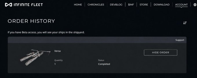 An order history page from Infinite Fleet website showing a completed order for 1 quantity of the 'Versa' ship model with a 'Hide Order' button.