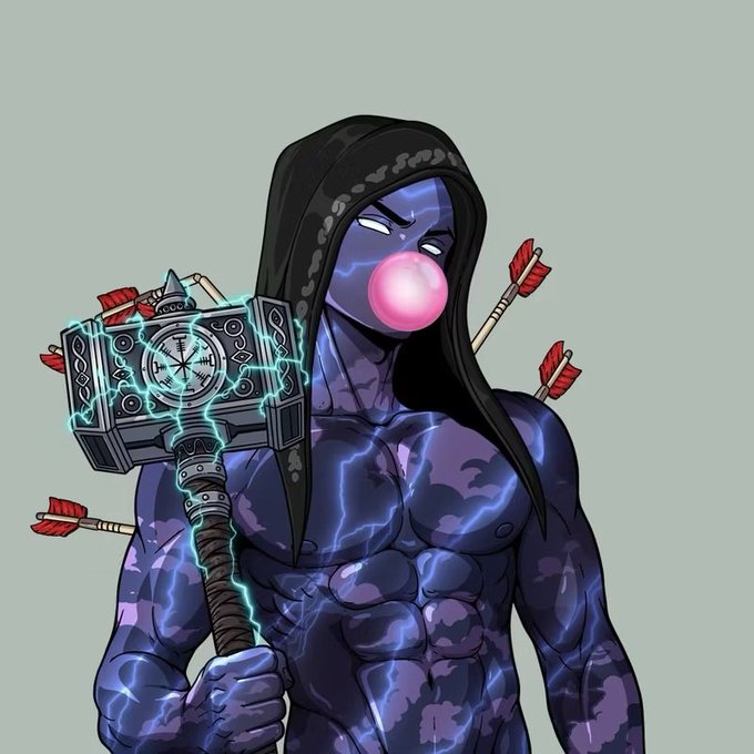 An illustration of a muscular, blue-skinned figure wearing a black hood, blowing a pink bubble gum bubble while holding a large, lightning-empowered hammer resembling Thor's Mjolnir, with arrows stuck in his back.