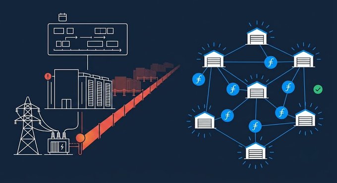 An infographic comparing centralized power infrastructure (left, with power lines and server buildings) to a decentralized network of interconnected buildings (right), illustrating the distributed ledger concept.