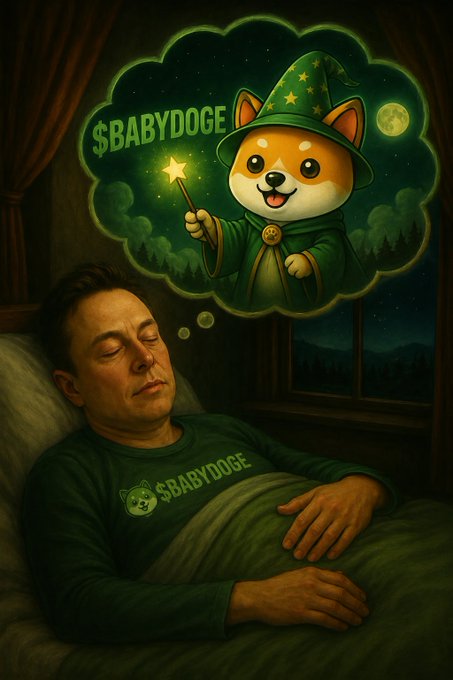 A man sleeps in bed wearing a "$BABYDOGE" shirt, dreaming of an adorable wizard Shiba Inu casting a star-tipped wand beside the "$BABYDOGE" ticker, vividly reflecting the post's enthusiastic #1 hype for the meme coin.