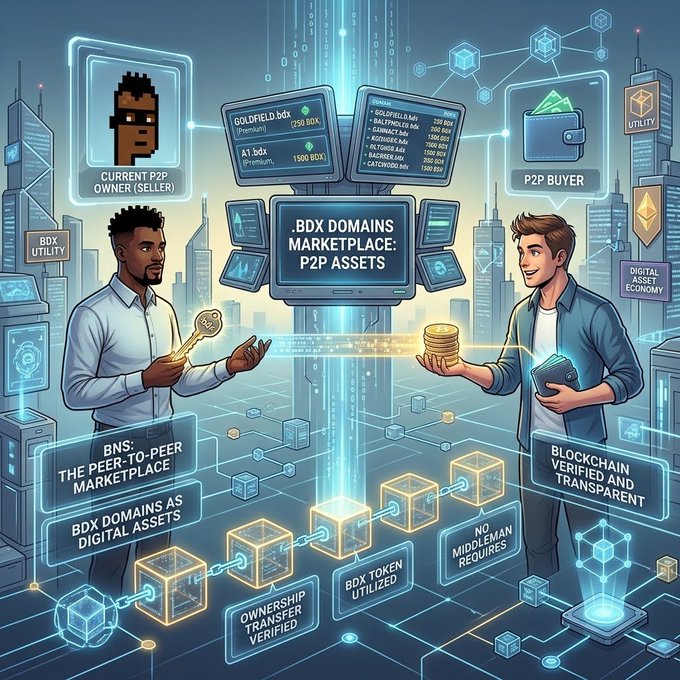 An illustrated infographic depicting a P2P marketplace for "BDX DOMAINS" showing a transaction between a seller and buyer, with features highlighted including "BLOCKCHAIN VERIFIED AND TRANSPARENT" and "NO MIDDLEMAN REQUIRED."