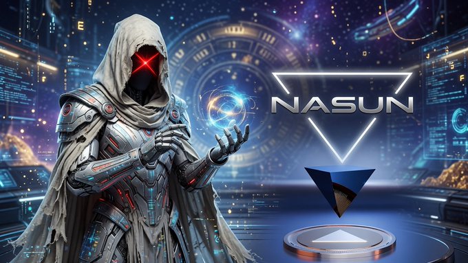 A promotional graphic for 'NASUN' featuring a hooded figure with red X-shaped glowing eyes in futuristic armor, set against a sci-fi background with the NASUN logo and a triangular emblem.
