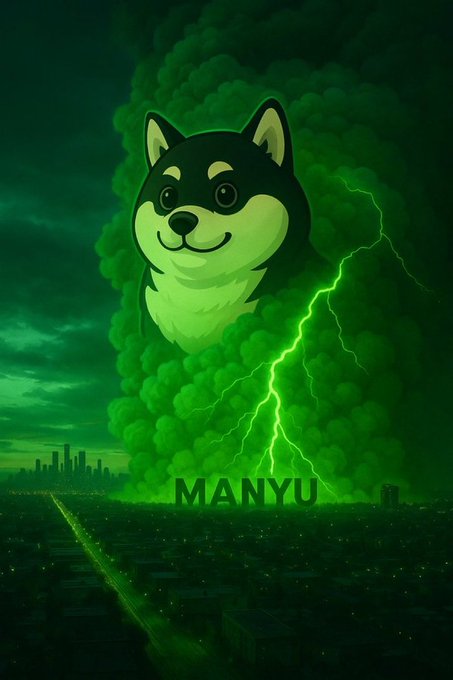 A digital illustration showing a Shiba Inu dog head emerging from a massive green mushroom cloud over a city, with the text "MANYU" displayed at the bottom amid lightning strikes.