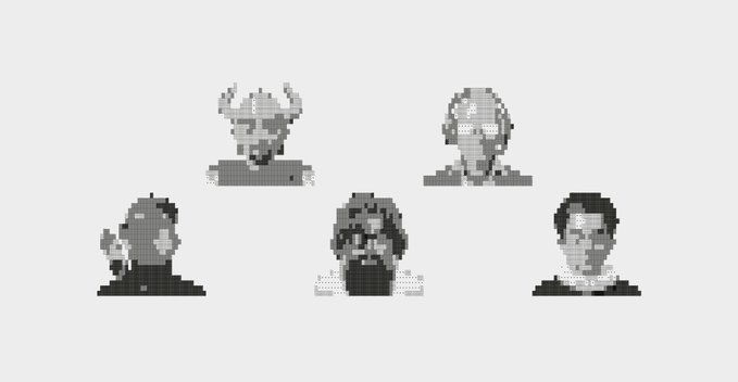 A pixel art image featuring five character portraits arranged in two rows, including a horned demon, an alien-like figure, three individuals wearing headphones or headsets, and one with dark hair, all set against a light gray background.