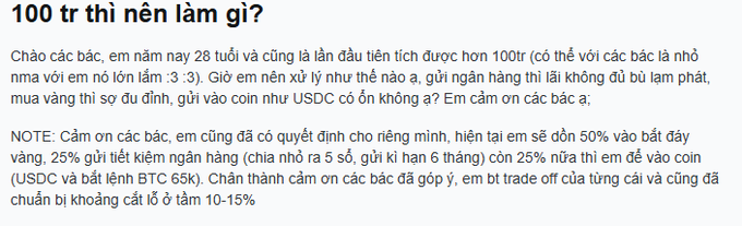 A Vietnamese text post titled '100 tr thì nên làm gì?' where a 28-year-old discusses their investment strategy, allocating 50% to gold, 25% to bank savings, and 25% to coins like USDC and BTC.