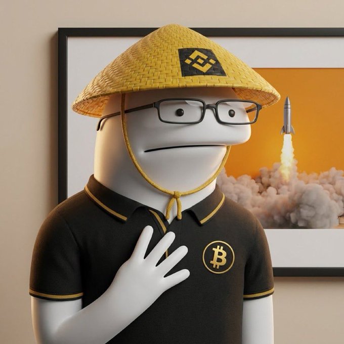 A 3D cartoon character wearing a straw conical hat with a Binance logo and a black polo shirt featuring a Bitcoin logo, standing in front of a framed picture of a rocket launch.