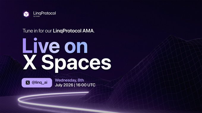 A promotional graphic for LinqProtocol AMA 'Live on X Spaces' on Wednesday, 8th July 2026 at 16:00 UTC.