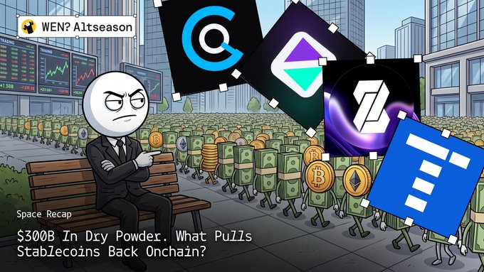 The image is a cartoon banner titled "WEN? Altseason – Space Recap: $300B In Dry Powder. What Pulls Stablecoins Back Onchain?" featuring a suited "rage face" character sitting on a bench in a financial district while rows of cash and crypto coins march past beneath logos for stablecoin platforms including Circle (USDC), Ethena, and a Coinbase-branded design.

The artwork visually represents the Twitter Space's discussion about unlocking dormant stablecoin liquidity, using the massive procession of dollar bills and crypto tokens to symbolize the $300 billion in "dry powder" waiting on the sidelines.