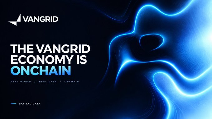A dark blue promotional graphic for 'VANGRID' with the slogan 'THE VANGRID ECONOMY IS ONCHAIN' and 'SPATIAL DATA' tagline, accented by glowing blue wave designs.