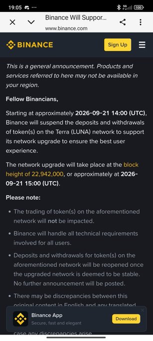 A Binance announcement screenshot indicating that starting approximately 2026-09-21 14:00 (UTC), Binance will suspend deposits and withdrawals of token(s) on the Terra (LUNA) network for a network upgrade at block height 22,942,000 or approximately 2026-09-21 15:00 (UTC).