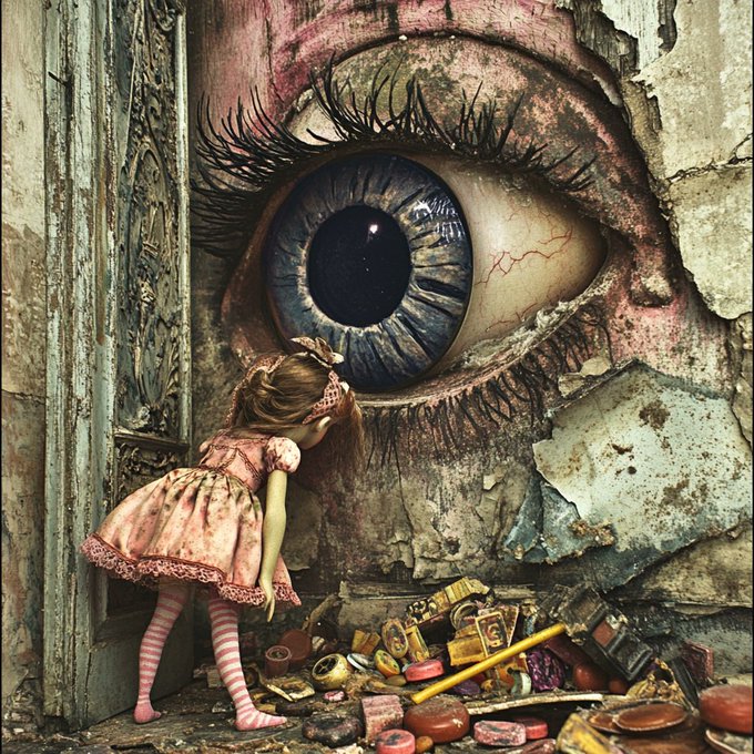 A surreal digital art piece featuring a small girl in a pink dress and striped stockings standing before a giant, realistic human eye peering through a weathered, peeling wall, with scattered toys and trinkets on the floor.