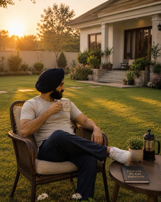 AI-generated image of a bearded man wearing a blue turban, sitting in a wicker chair in a garden at sunset, holding a mug, with a 'FOCUS PLAN EXECUTE' book on a table beside him.