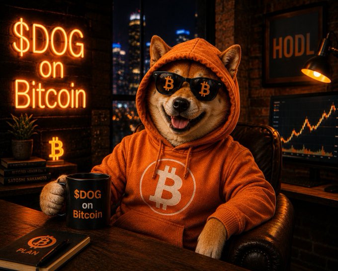 A Shiba Inu dog wearing an orange 'Bitcoin' hoodie and sunglasses, sitting in a leather chair holding a '$DOG on Bitcoin' mug, with neon signs reading '$DOG on Bitcoin' and 'HODL' in the background.