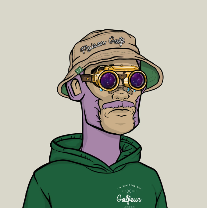 A digital NFT illustration of a purple-skinned character wearing a 'Maison Golf' bucket hat and starry galaxy-themed glasses, branded with 'La Maison du Golfeur London'.