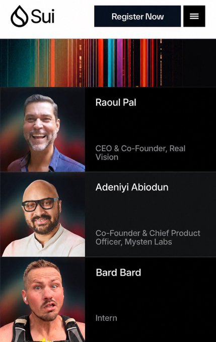 A Sui speaker panel featuring Raoul Pal (CEO & Co-Founder, Real Vision), Adeniyi Abiodun (Co-Founder & Chief Product Officer, Mysten Labs), and Bard Bard (Intern). The image relates to the post announcing participation in Basecamp for @SuiNetwork and enthusiasm for promoting $SUI meme coins.