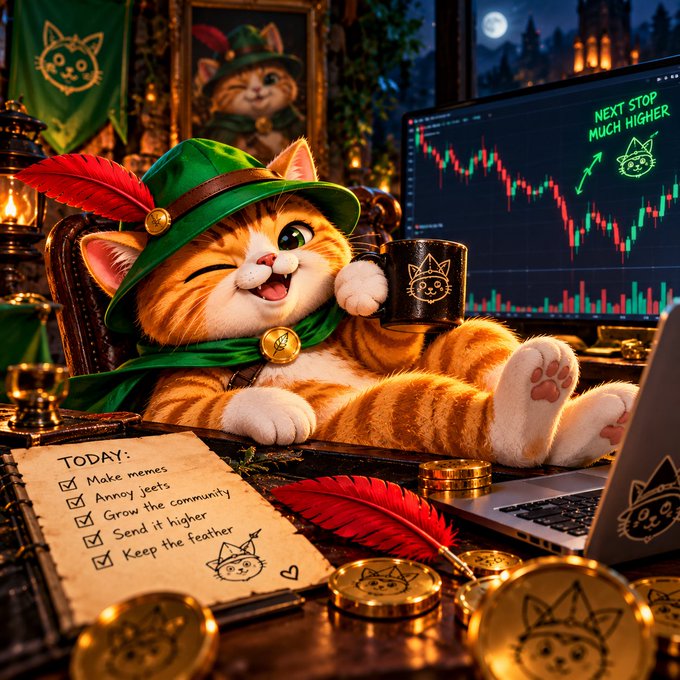An AI-generated illustration shows a smiling orange tabby cat wearing a green hat with a red feather, lounging with a black mug and laptop while surrounded by gold coins; a checklist reads 'TODAY: Make memes, Annoy jeets, Grow the community, Send it higher, Keep the feather' and the screen shows 'NEXT STOP MUCH HIGHER'.