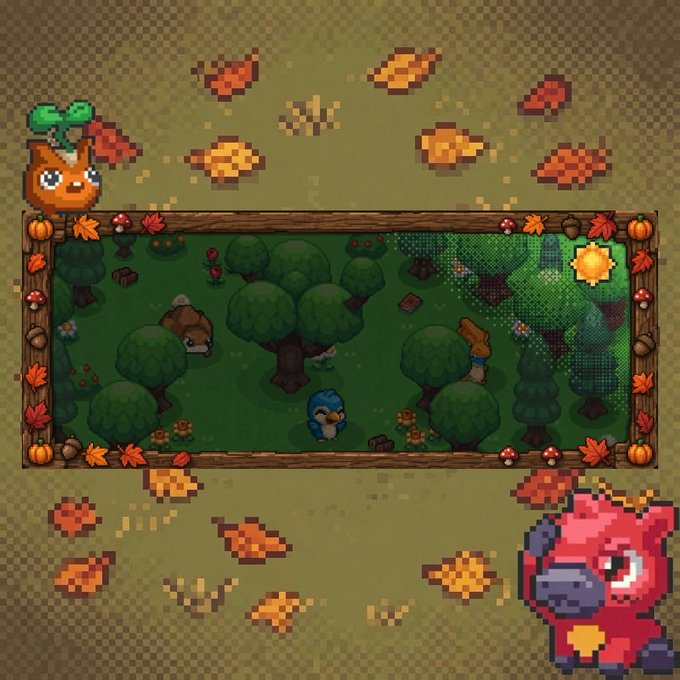 A pixel art game scene depicting an autumn forest enclosed in a wooden frame with pumpkins and leaves, featuring a blue bird character and scattered orange leaves, with a red creature in the corner.