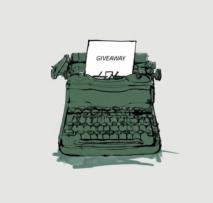 A sketch-style illustration of a vintage green typewriter with a piece of paper inserted that reads 'GIVEAWAY'.