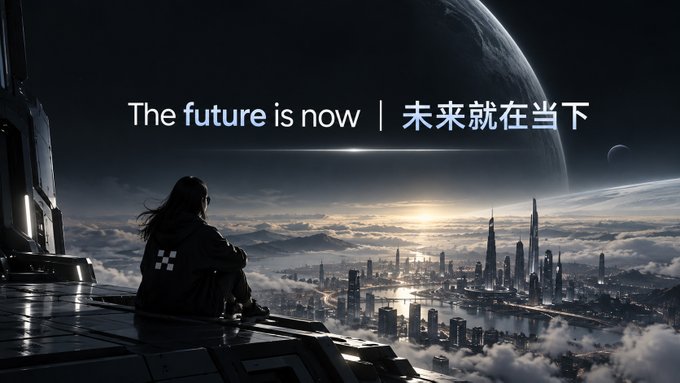 A cinematic sci-fi scene features a silhouetted figure sitting on a futuristic ledge, overlooking a sprawling city and clouds with planets in the sky; text reads 'The future is now | 未来就在当下'.