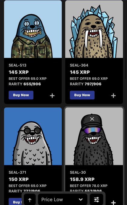 A digital marketplace displaying cartoon seal NFT collectibles (SEAL-513, SEAL-364, SEAL-371, SEAL-30) priced between 145-158.9 XRP with various rarity ratings.