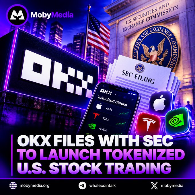 A news graphic from MobyMedia with the headline 'OKX FILES WITH SEC TO LAUNCH TOKENIZED U.S. STOCK TRADING', showing a phone displaying tokenized stocks for AAPL, TSLA, and NVDA against a backdrop of the SEC building and an American flag.